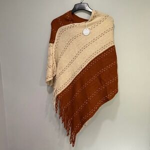 DEMDACO Ruana Poncho Wrap Fringe Trim Beige Brown Knit Acrylic‎ Women's OS